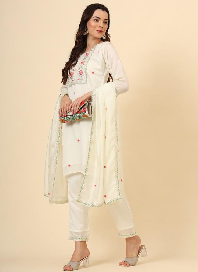 Vichitra Silk White Traditional Wear Embroidery Work Readymade Kurti Set